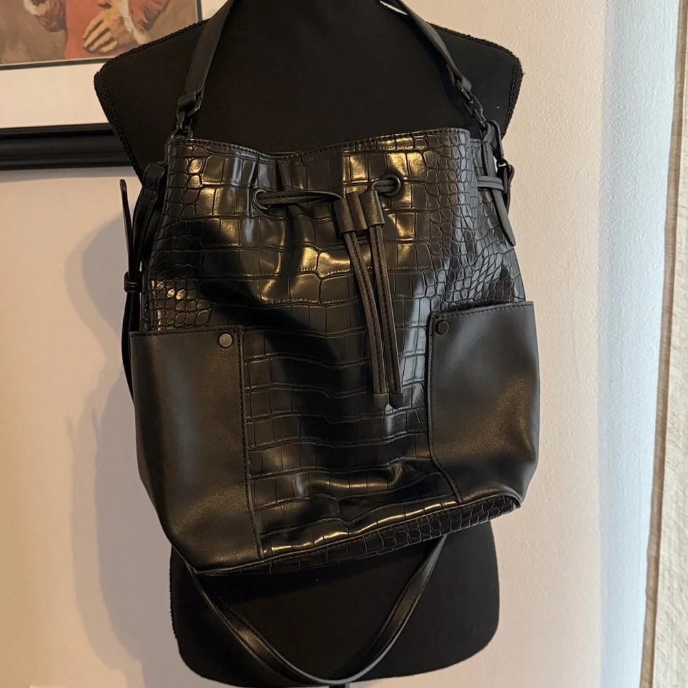 Aldo Black Croc Embossed Bucket Bag | Drawstring Shoulder Crossbody